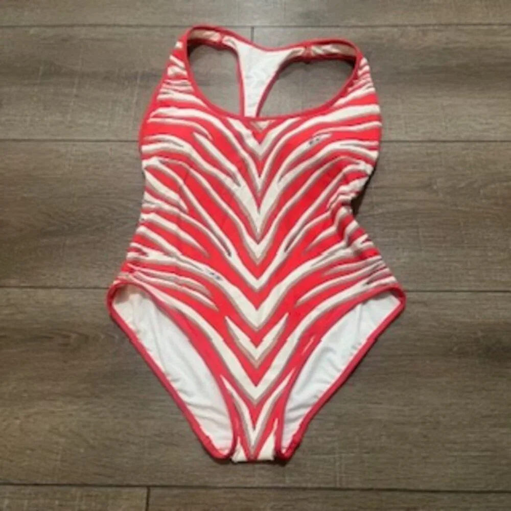 NEW Michael Kors 1 Piece Racerback Red Striped Swimsuit‎ Women’s Sz 10 NWT